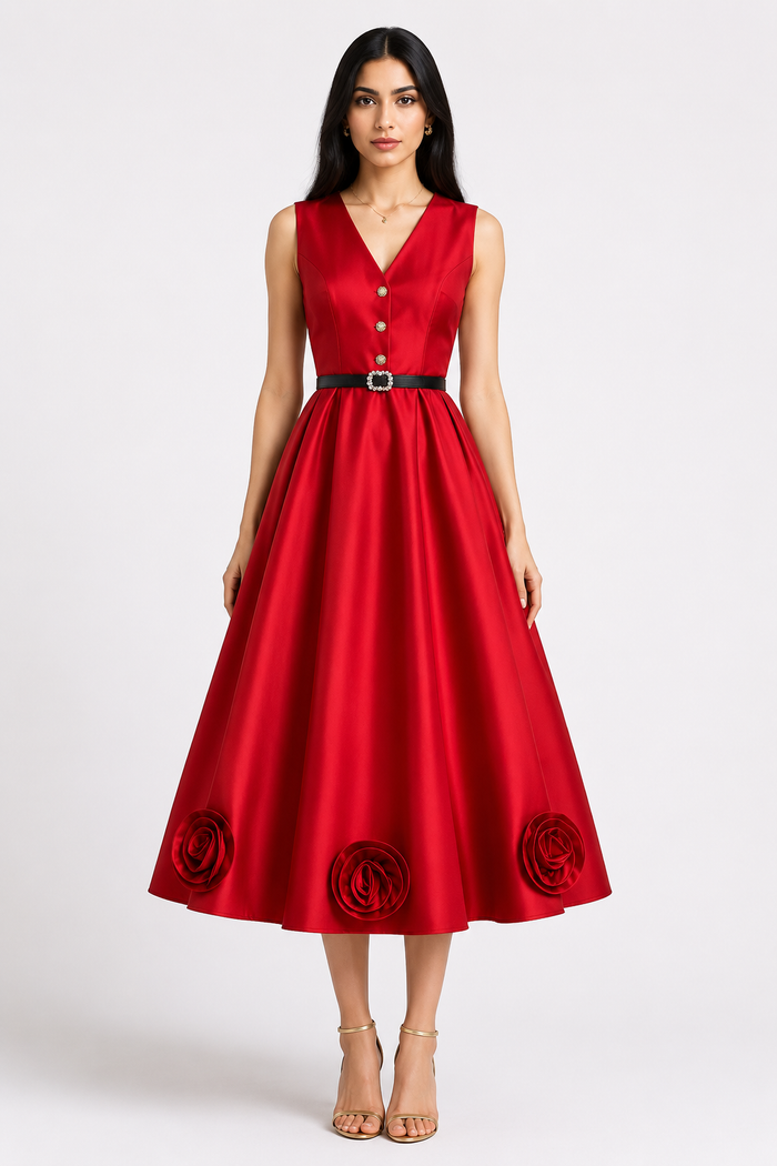 Elegant Floral Hem Midi Dress - Timeless