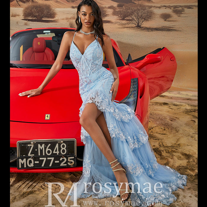 Elegant Mermaid Mermaid Spaghetti Straps Long Prom Dress with Slits - Rosymae