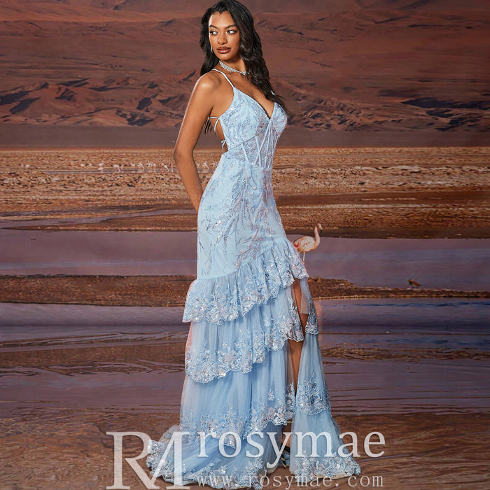 Elegant Mermaid Mermaid Spaghetti Straps Long Prom Dress with Slits - Rosymae