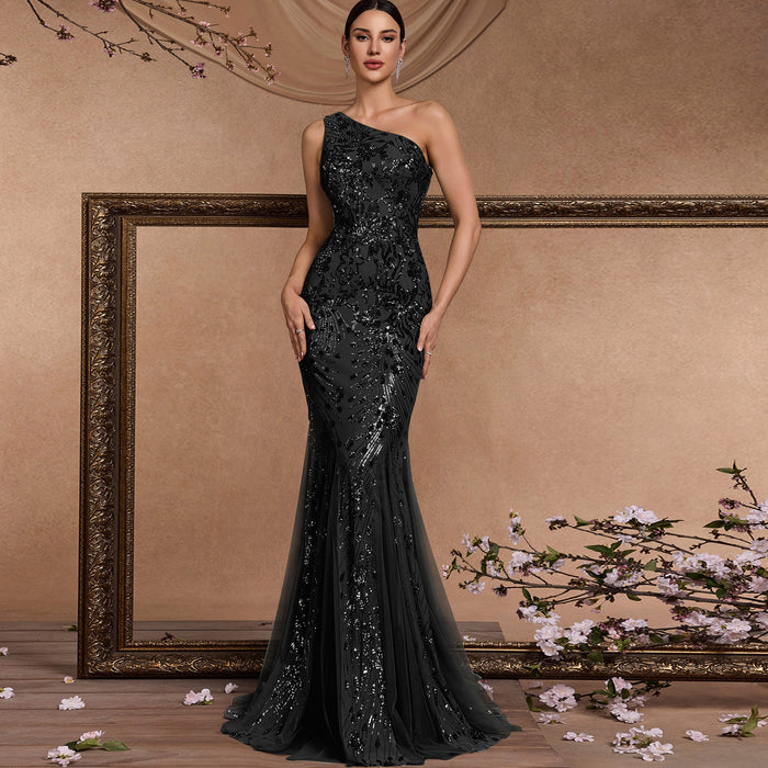 Elegant Mermaid One-Shoulder Long Black Prom Dress with Sequins - Rosymae