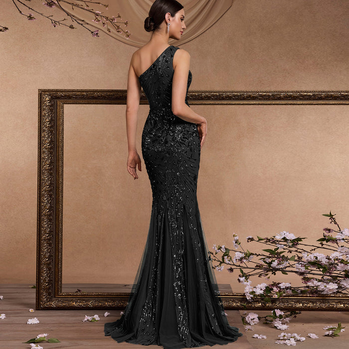 Elegant Mermaid One-Shoulder Long Black Prom Dress with Sequins - Rosymae