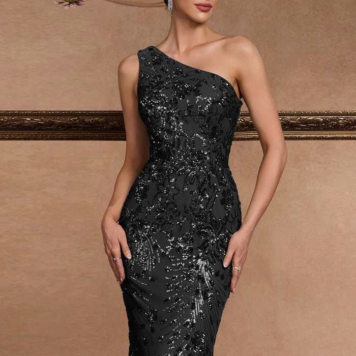 Elegant Mermaid One-Shoulder Long Black Prom Dress with Sequins - Rosymae