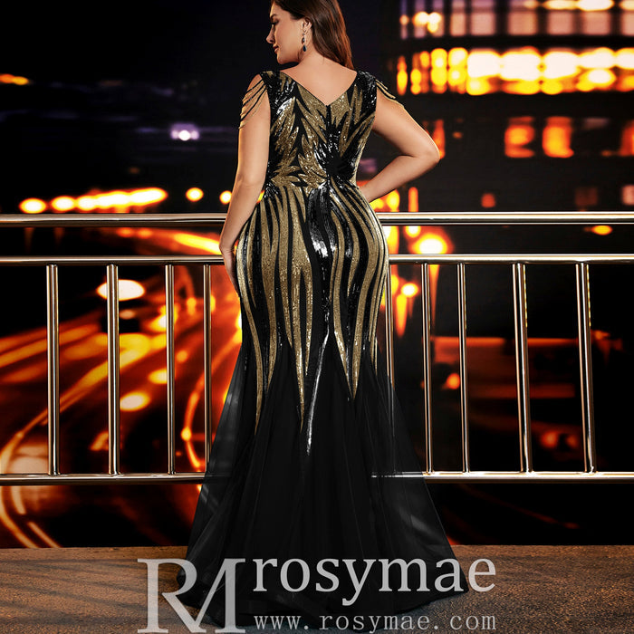 Elegant Mermaid Plus Size Black and Gold Evening Dress with V-neck - Rosymae