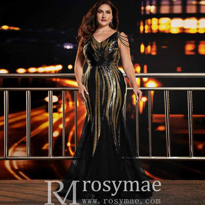Elegant Mermaid Plus Size Black and Gold Evening Dress with V-neck - Rosymae