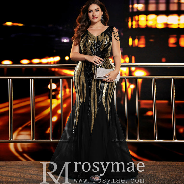 Elegant Mermaid Plus Size Black and Gold Evening Dress with V-neck - Rosymae