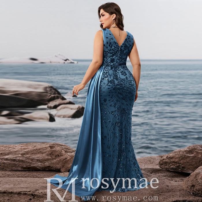 Elegant Mermaid Steel Blue Party Dresses and Formal Gowns in Plus Size - Rosymae