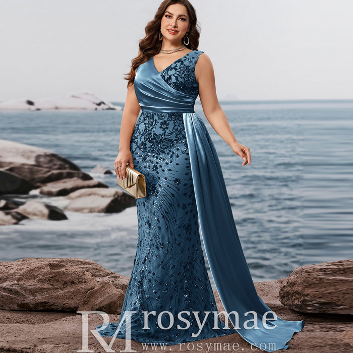 Elegant Mermaid Steel Blue Party Dresses and Formal Gowns in Plus Size - Rosymae