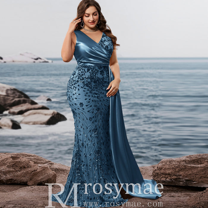 Elegant Mermaid Steel Blue Party Dresses and Formal Gowns in Plus Size - Rosymae