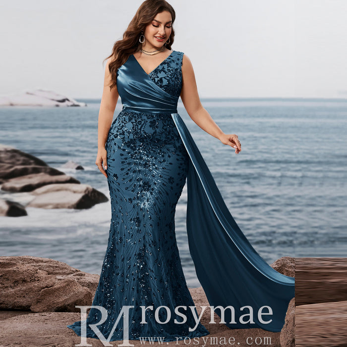 Elegant Mermaid Steel Blue Party Dresses and Formal Gowns in Plus Size - Rosymae