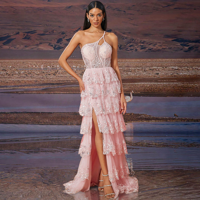 Elegant Modern One Shoulder Long Tulle Maxi Party Dress with Leg Slit - Rosymae