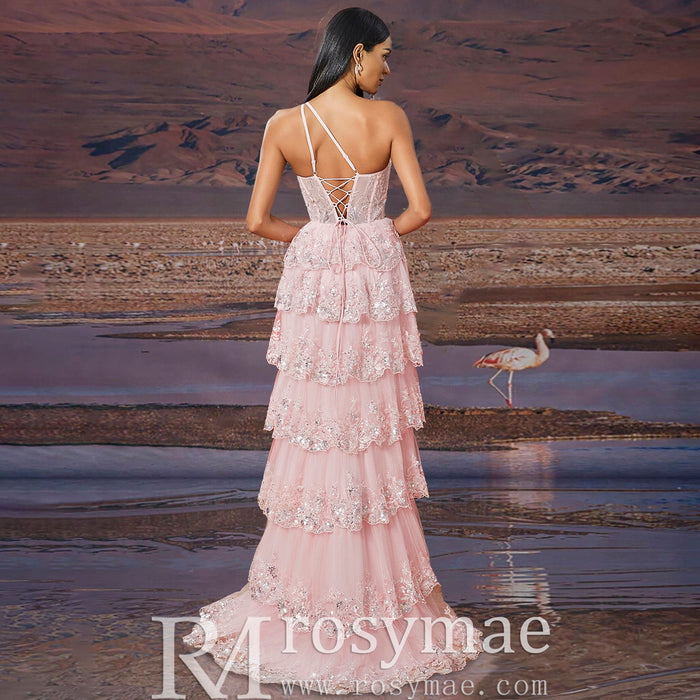 Elegant Modern One Shoulder Long Tulle Maxi Party Dress with Leg Slit - Rosymae