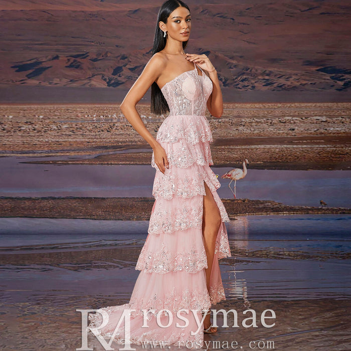 Elegant Modern One Shoulder Long Tulle Maxi Party Dress with Leg Slit - Rosymae