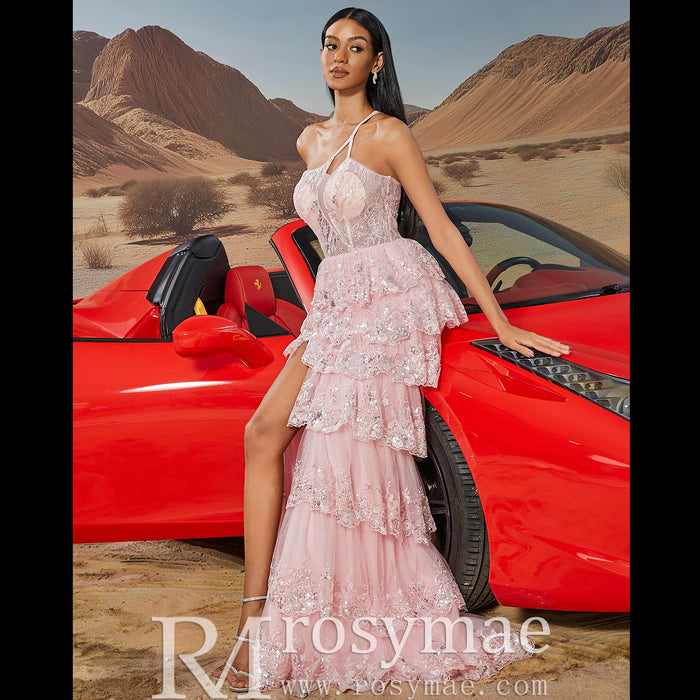 Elegant Modern One Shoulder Long Tulle Maxi Party Dress with Leg Slit - Rosymae