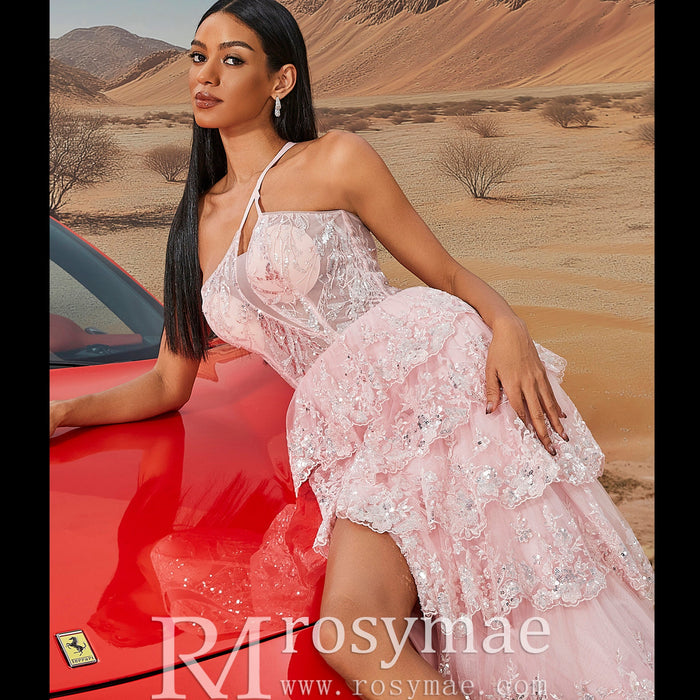 Elegant Modern One Shoulder Long Tulle Maxi Party Dress with Leg Slit - Rosymae