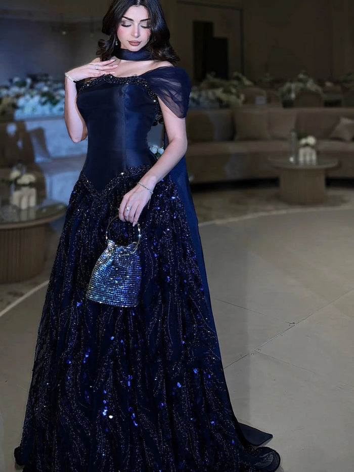 Elegant Navy Blue Sparkly Evening Dress with Crystal Sequin Scarf SS652