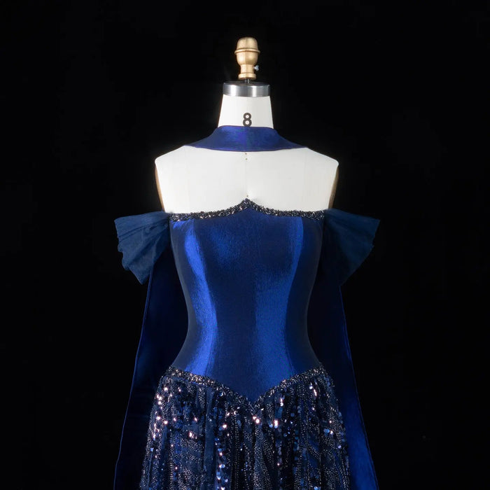 Elegant Navy Blue Sparkly Evening Dress with Crystal Sequin Scarf SS652
