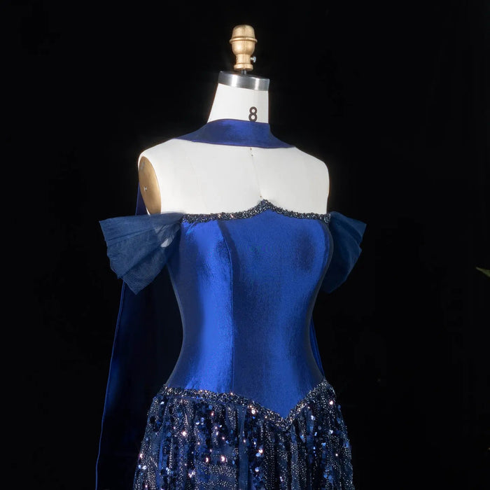 Elegant Navy Blue Sparkly Evening Dress with Crystal Sequin Scarf SS652