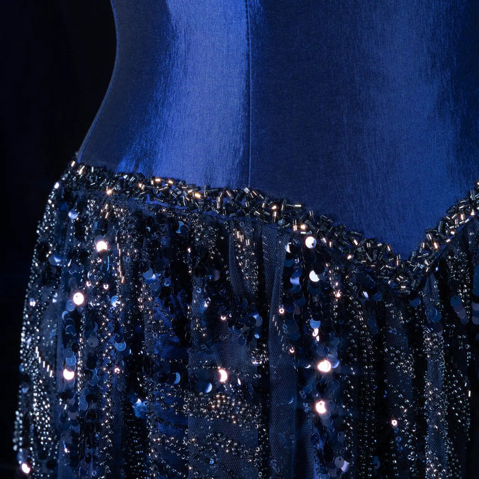 Elegant Navy Blue Sparkly Evening Dress with Crystal Sequin Scarf SS652