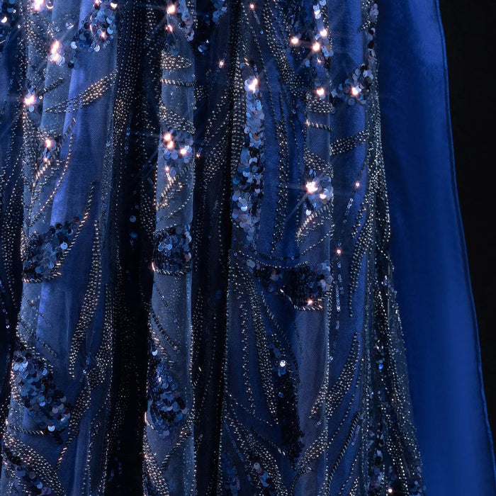 Elegant Navy Blue Sparkly Evening Dress with Crystal Sequin Scarf SS652