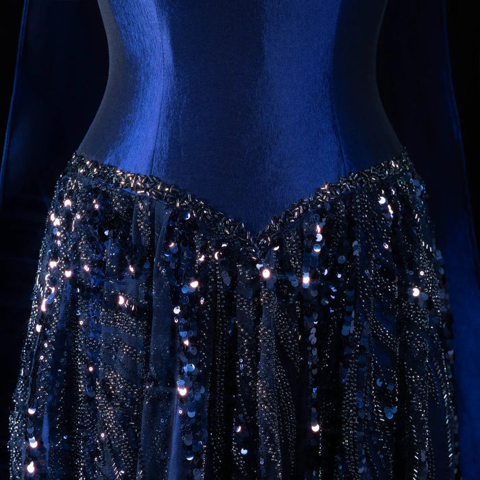 Elegant Navy Blue Sparkly Evening Dress with Crystal Sequin Scarf SS652