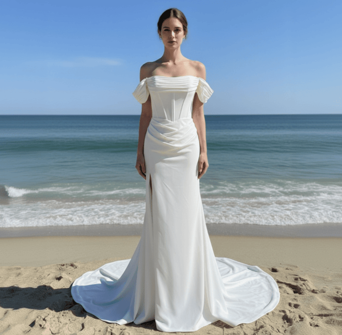 Elegant Off Shoulder Satin Mermaid Simple Wedding Dress with Leg Slit - Rosymae