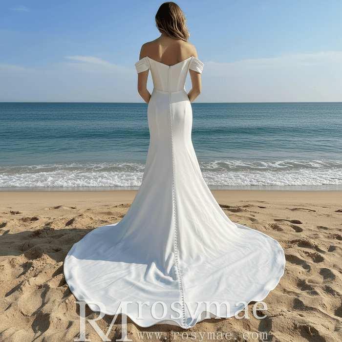 Elegant Off Shoulder Satin Mermaid Simple Wedding Dress with Leg Slit - Rosymae