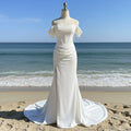 Elegant Off Shoulder Satin Mermaid Simple Wedding Dress with Leg Slit - Rosymae