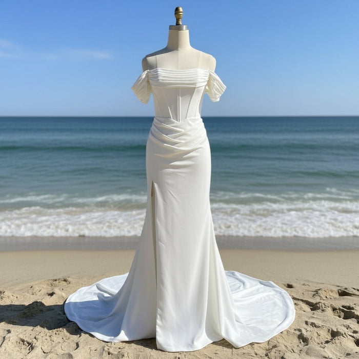 Elegant Off Shoulder Satin Mermaid Simple Wedding Dress with Leg Slit - Rosymae
