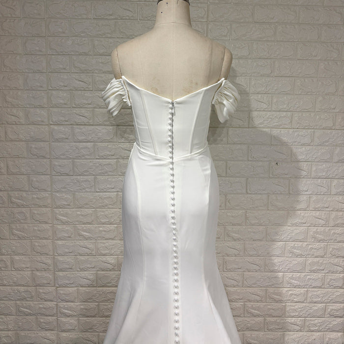 Elegant Off Shoulder Satin Mermaid Simple Wedding Dress with Leg Slit - Rosymae