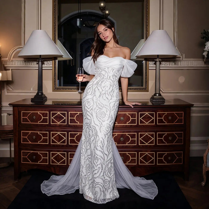 Elegant Off-Shoulder White Mermaid Evening Dress Beaded with Train SS636
