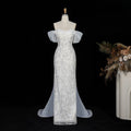 Elegant Off-Shoulder White Mermaid Evening Dress Beaded with Train SS636