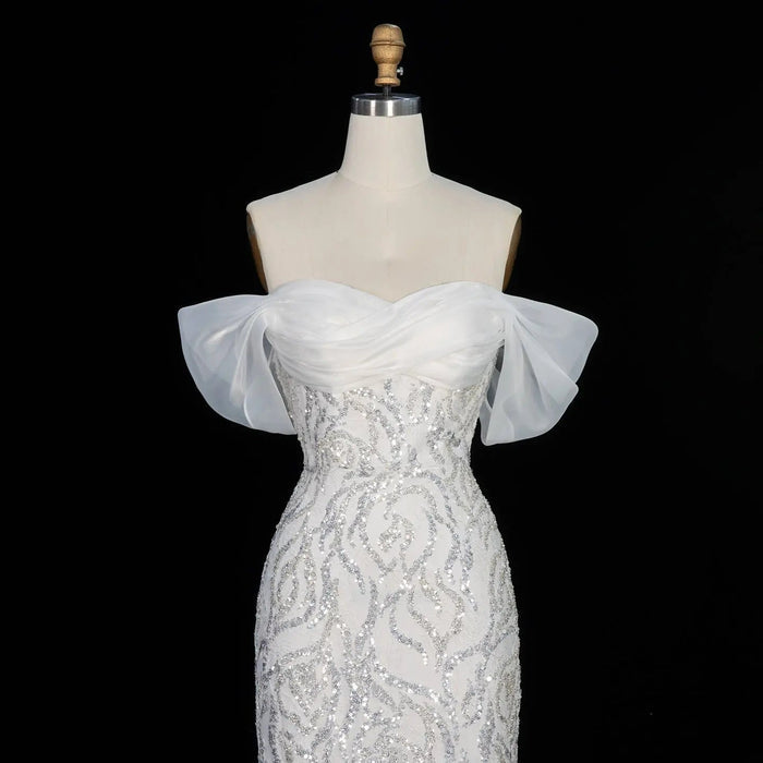 Elegant Off-Shoulder White Mermaid Evening Dress Beaded with Train SS636