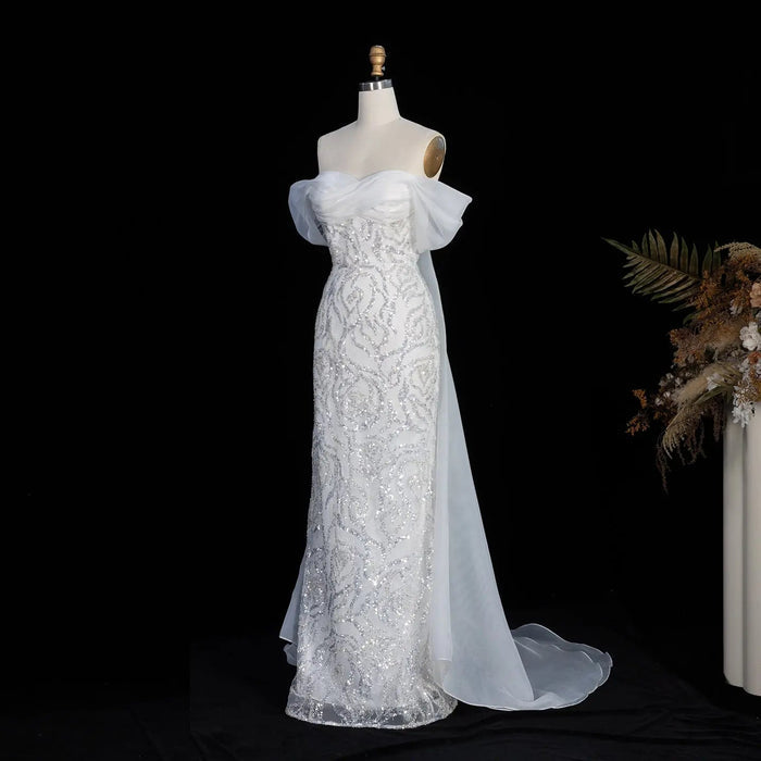 Elegant Off-Shoulder White Mermaid Evening Dress Beaded with Train SS636