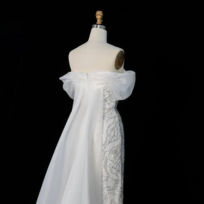 Elegant Off-Shoulder White Mermaid Evening Dress Beaded with Train SS636