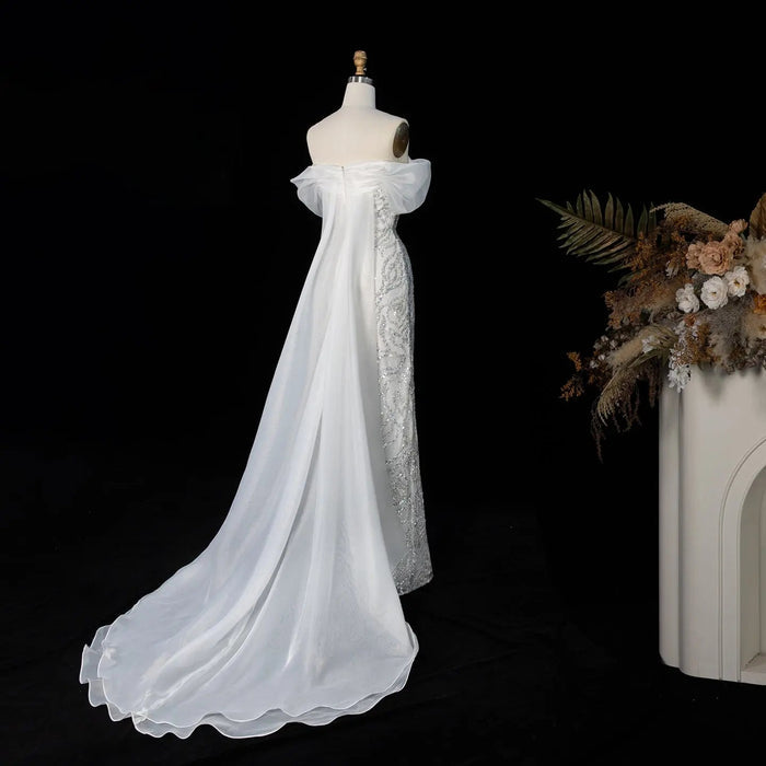 Elegant Off-Shoulder White Mermaid Evening Dress Beaded with Train SS636