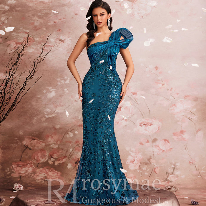 Elegant One Shoulder Formal Dress Luxurious Elegant Long Party Gown - Rosymae