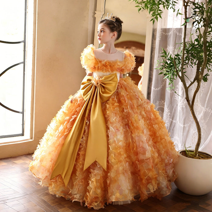 Elegant Orange 3D Floral Princess Flower Girl Dress with Giant Satin Bow J248
