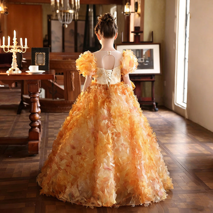 Elegant Orange 3D Floral Princess Flower Girl Dress with Giant Satin Bow J248