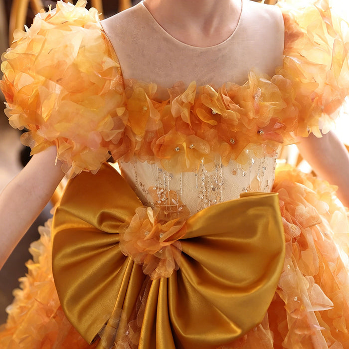 Elegant Orange 3D Floral Princess Flower Girl Dress with Giant Satin Bow J248