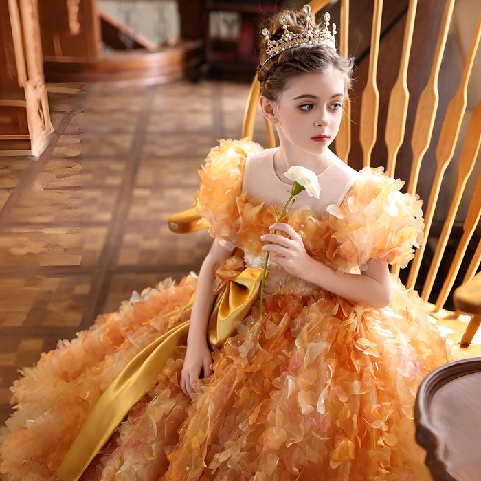 Elegant Orange 3D Floral Princess Flower Girl Dress with Giant Satin Bow J248