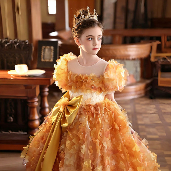 Elegant Orange 3D Floral Princess Flower Girl Dress with Giant Satin Bow J248