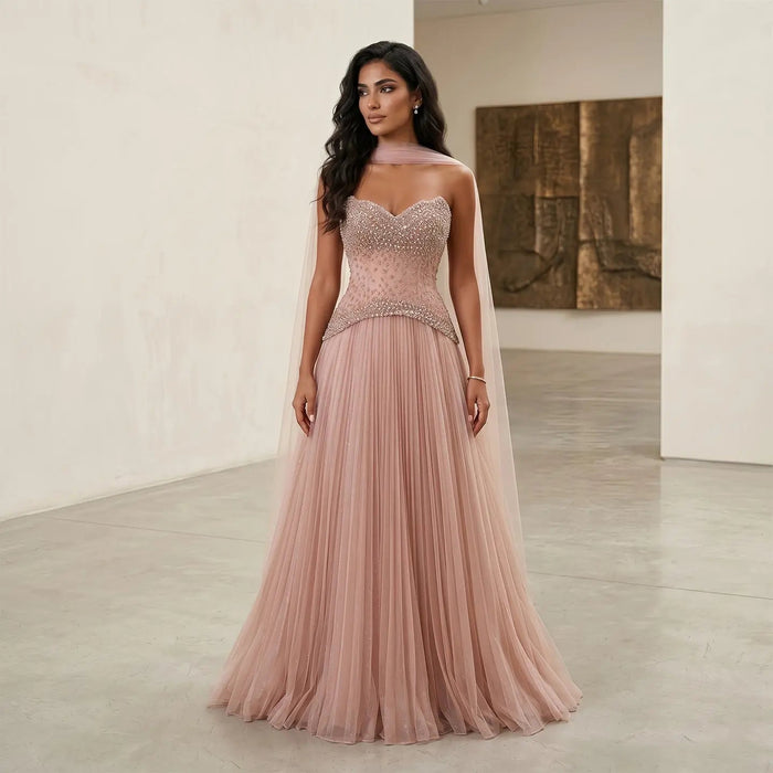 Elegant Peach Corset Evening Gown with Crystal Embellished Bodice SS299