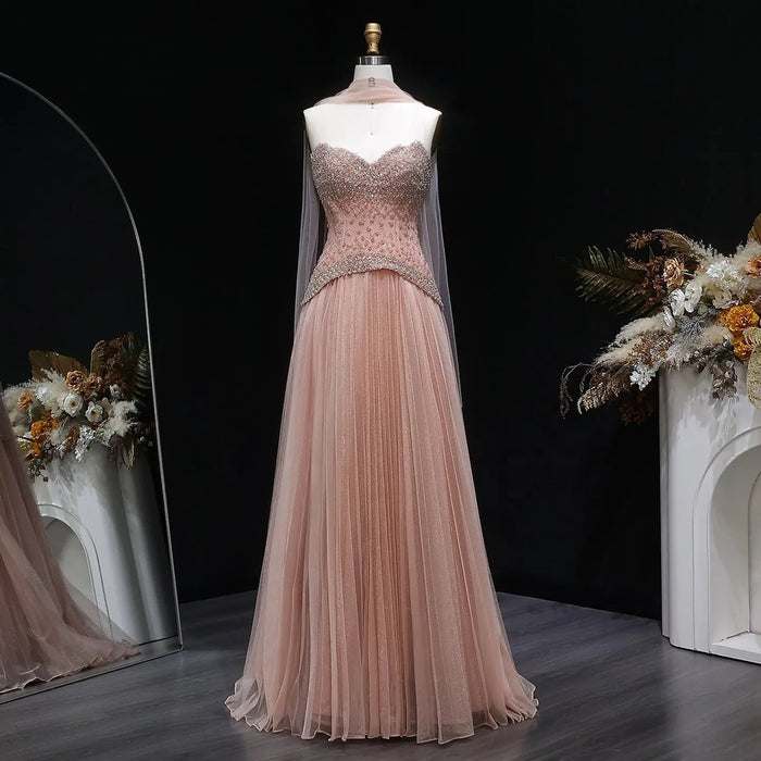 Elegant Peach Corset Evening Gown with Crystal Embellished Bodice SS299