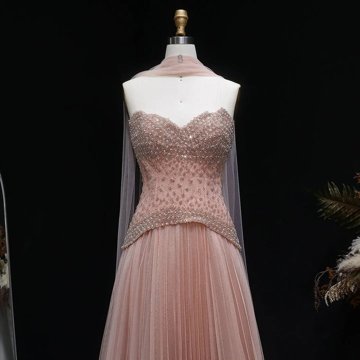 Elegant Peach Corset Evening Gown with Crystal Embellished Bodice SS299