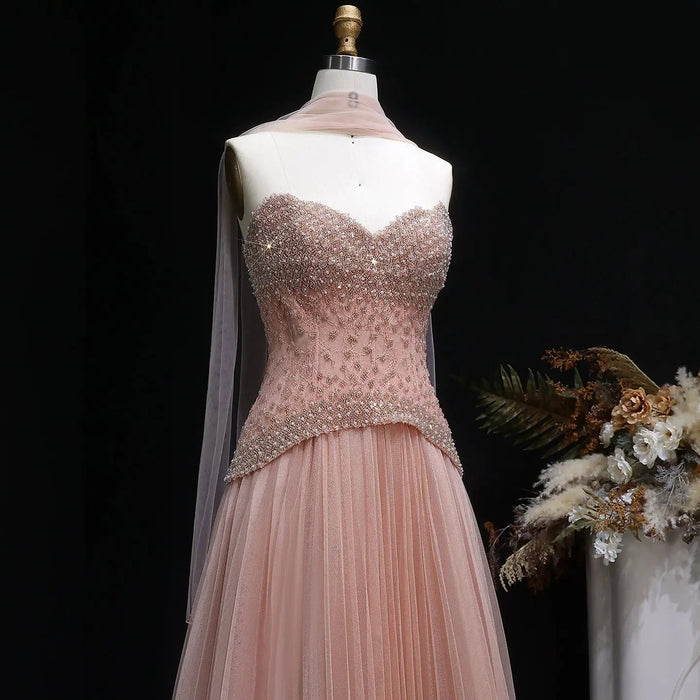 Elegant Peach Corset Evening Gown with Crystal Embellished Bodice SS299