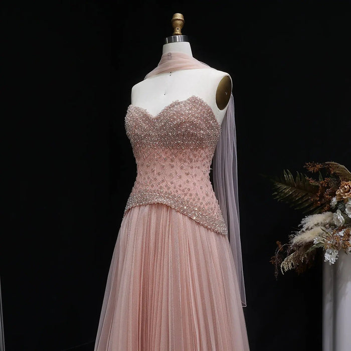 Elegant Peach Corset Evening Gown with Crystal Embellished Bodice SS299