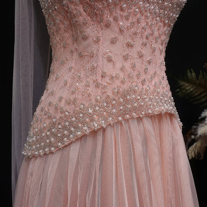 Elegant Peach Corset Evening Gown with Crystal Embellished Bodice SS299