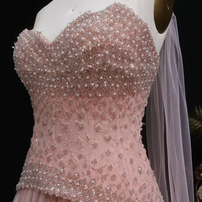 Elegant Peach Corset Evening Gown with Crystal Embellished Bodice SS299