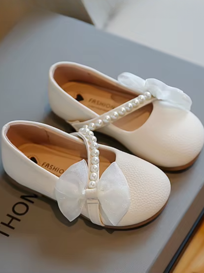 girls pearl strap dress shoes bow detail toddler flats white