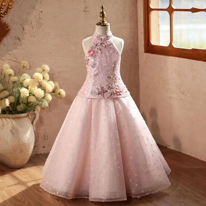 Elegant Pink Flower Girl Dress with Floral Embroidery and Sparkly Tulle Skirt D338